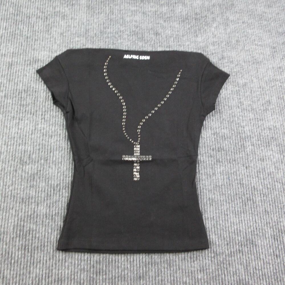 AELFRIC EDEN Shirt Womens XS Black Studded Cross Graphic Crew Neck Slim NWT